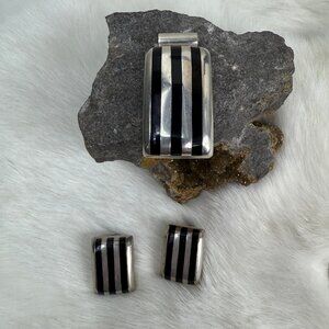Vintage SET Taxco Sterling Silver & Onyx MOD Rectangle Pendant & Clip-on Earring